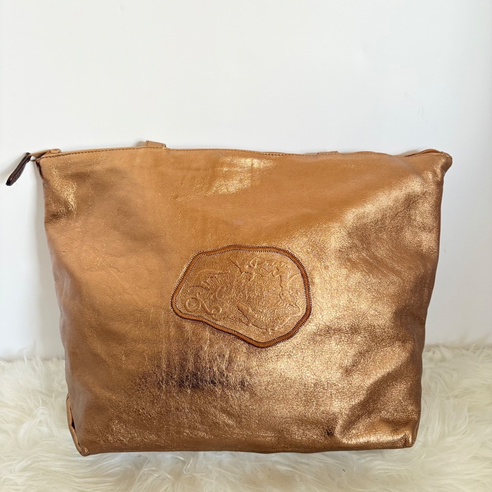 Carlos Falchi Metallic Bronze Leather Tote Bag Embossed Logo Large Zipper Top
